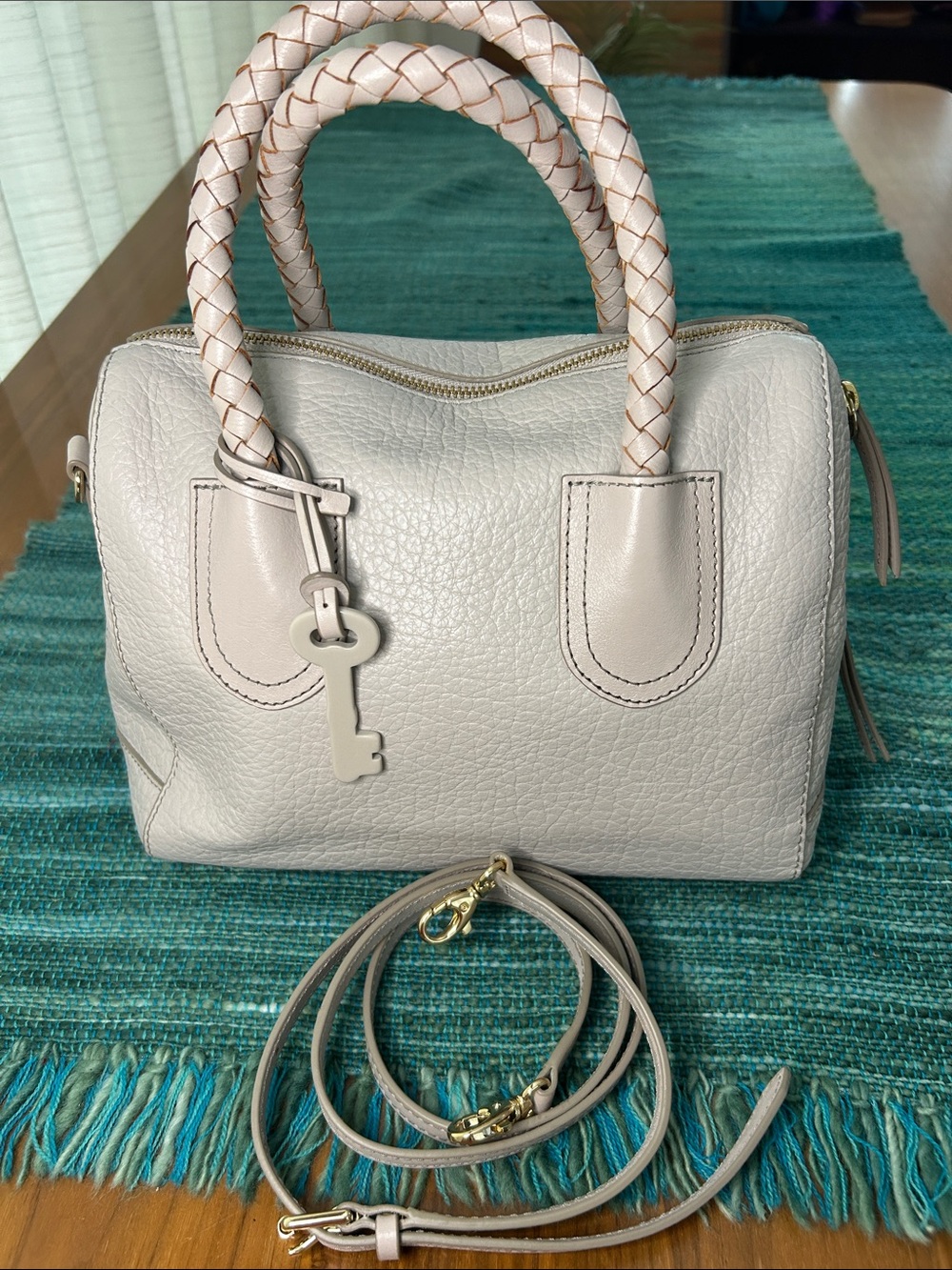 Fossil Gray Leather Satchel with Braided Handles and Removable Strap